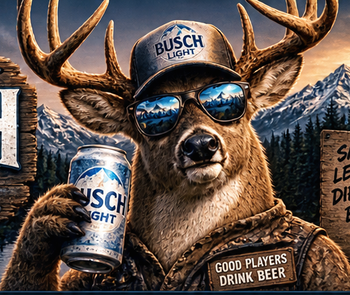 Busch League deer mascot holding a beer